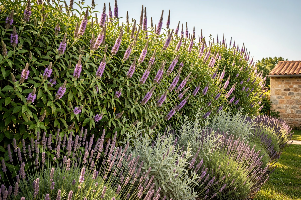 Rangée de gattiliers aux fleurs violettes associés à de la lavande dans une haie de style provençal avec muret en pierre sèche