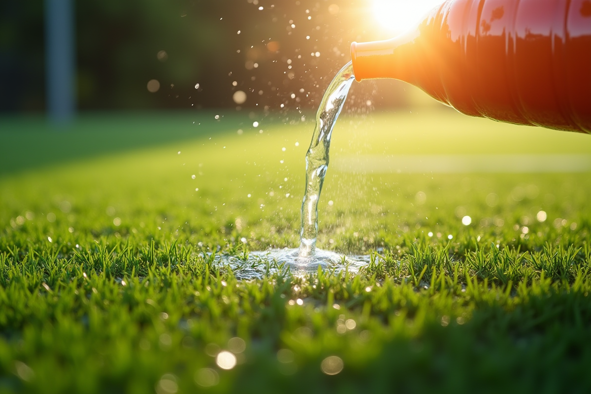 Gazon artificiel avec eau versée sous le soleil