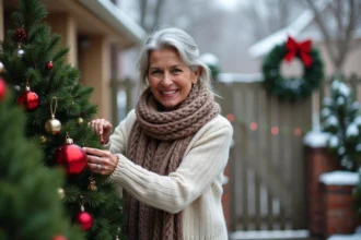 Jardin décoré pour Noël avec lumières et ornements colorés