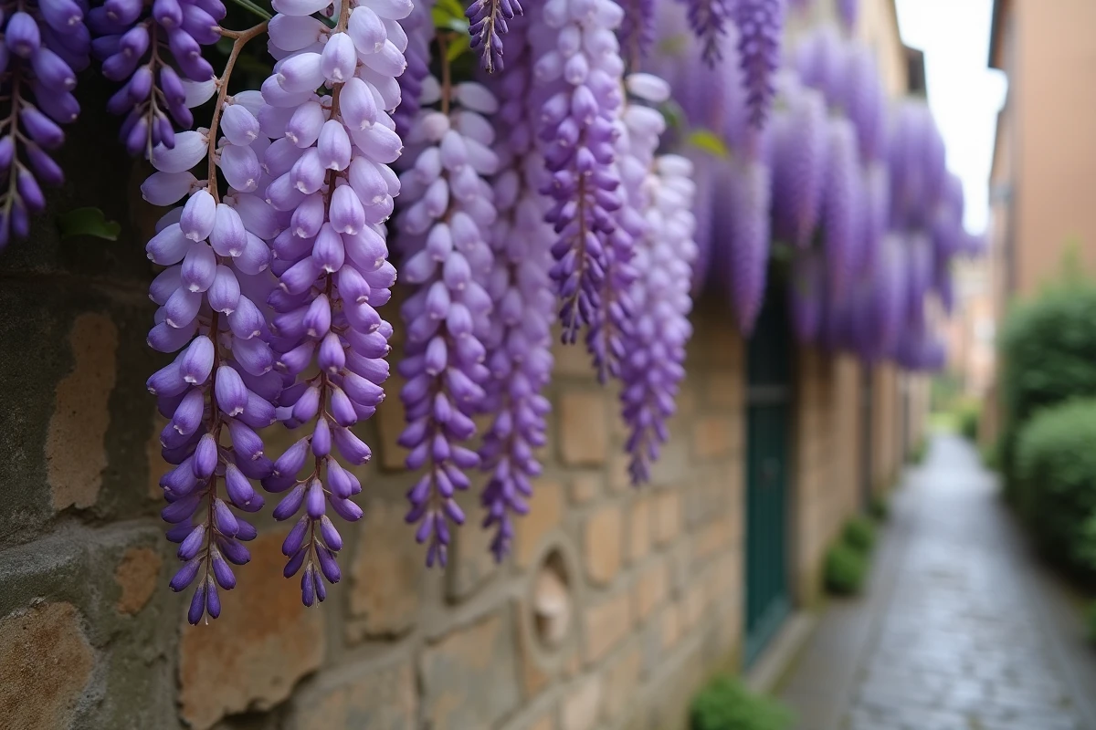 Glycine en fleurs sur un mur de pierre dans le vieux parc d'Annecy en avril