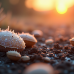 Graines gelées sur sol riche au lever du soleil