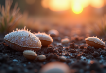 Graines gelées sur sol riche au lever du soleil