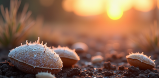 Graines gelées sur sol riche au lever du soleil