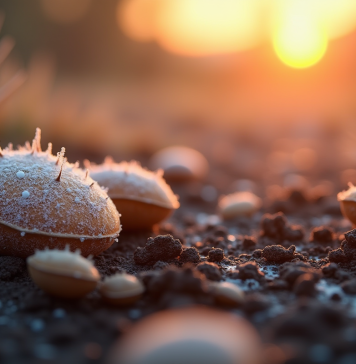 Graines gelées sur sol riche au lever du soleil
