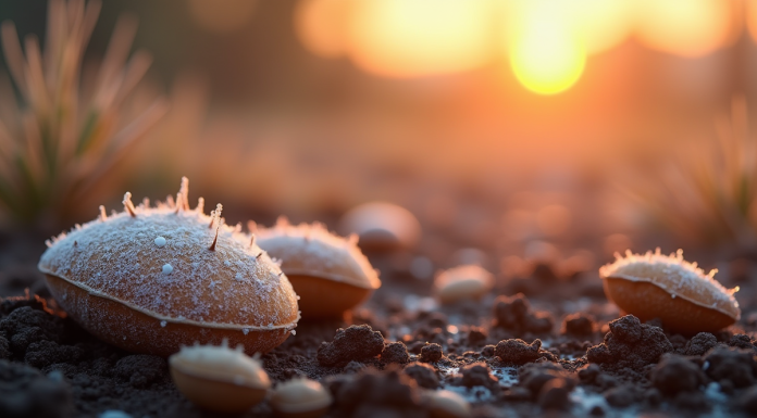 Graines gelées sur sol riche au lever du soleil