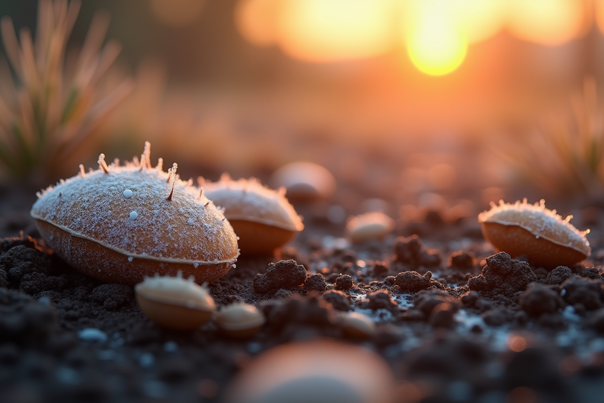 Graines gelées sur sol riche au lever du soleil