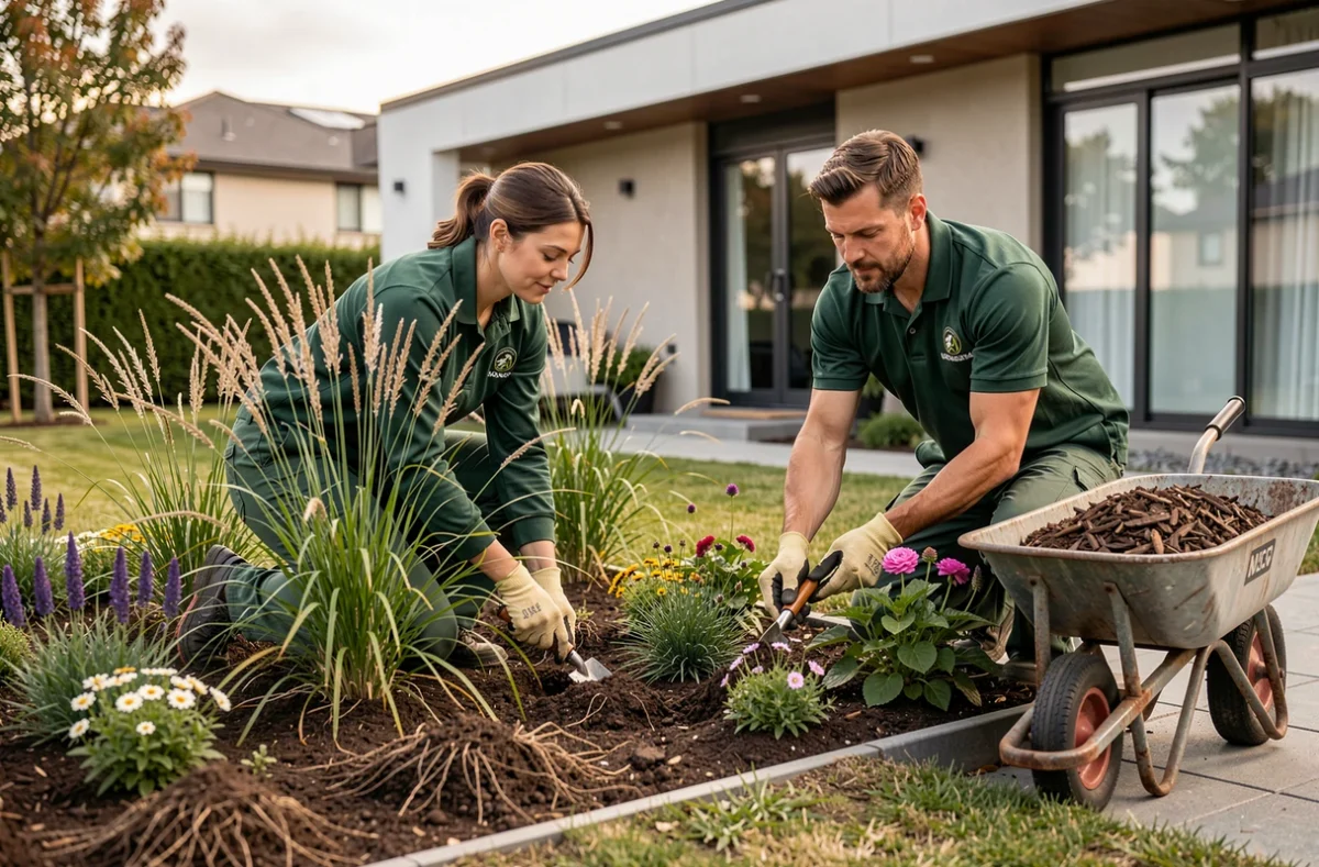 Équipe Green Prospect plantant des végétaux dans un jardin paysager résidentiel moderne