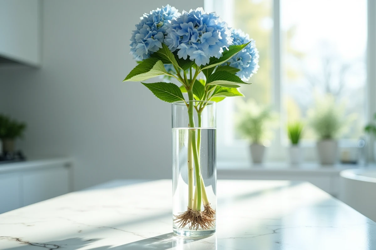 Gros plan sur des boutures d'hortensia dans un vase en verre avec des racines naissantes visibles dans l'eau claire