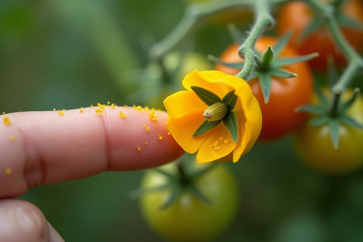Gros plan d'un doigt humain transférant du pollen sur une fleur de tomate ouverte avec des grains de pollen visibles