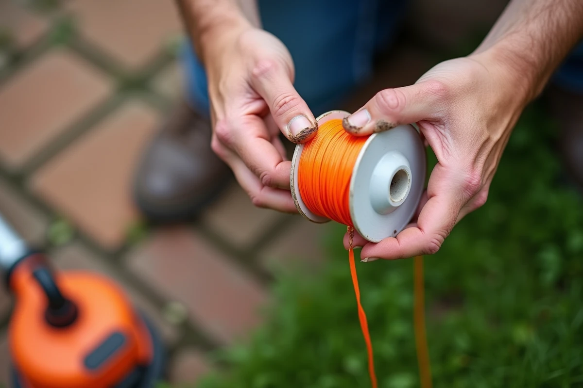 Gros plan sur des mains enroulant un fil orange neuf autour d'une bobine de rotofil, étape clé du remplacement du fil de coupe