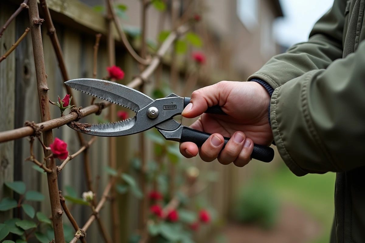 Gros plan sur des sécateurs taillant un vieux cane de rosier grimpant sur une pergola en bois envahie