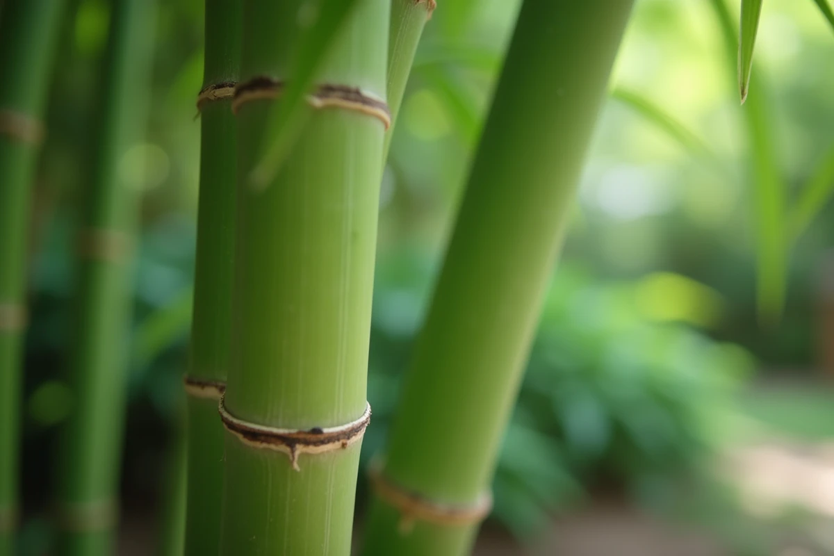 Gros plan sur les tiges et feuilles d'un bambou non traçant en pot dans un jardin naturel