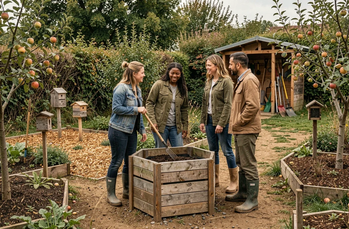 Groupe de jardiniers pratiquant le compostage dans un jardin communautaire en permaculture
