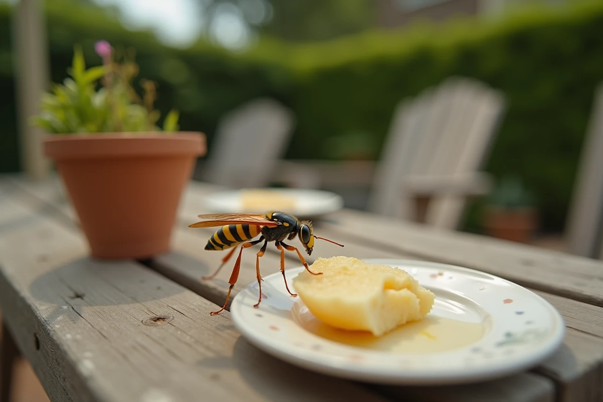 Guêpe posée sur une table de jardin en bois près d'un fruit entamé lors d'un repas en extérieur en été