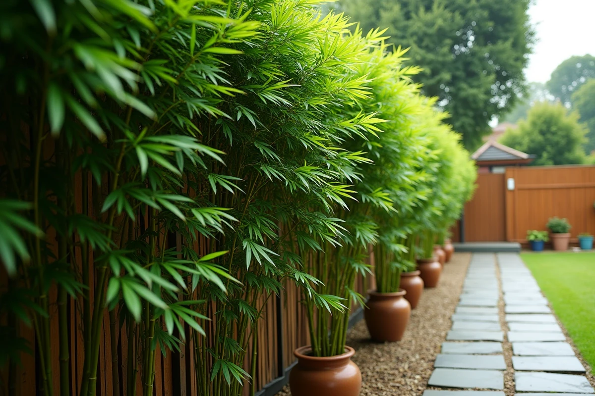 Haie de bambou non traçant dense le long d'une clôture en bois dans un jardin résidentiel bien entretenu