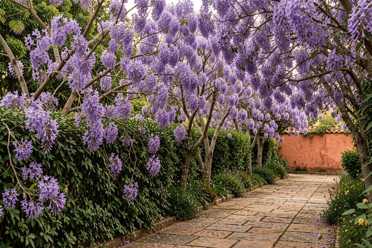 Haie fleurie composée d'arbres aux fleurs violettes, jacaranda et vitex, bordant une allée en pierre dans un jardin rustique