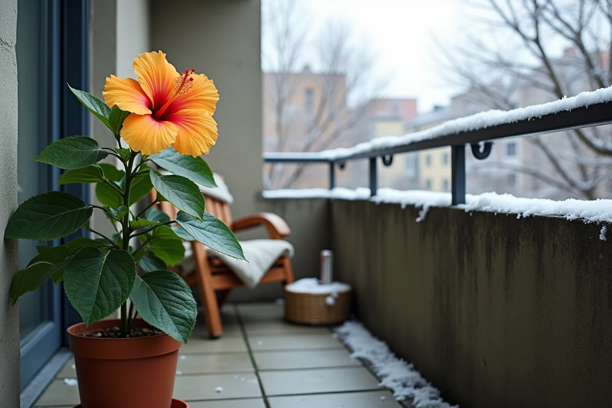 Hibiscus en pot sur un balcon en automne avec risque de gel et thermomètre visible