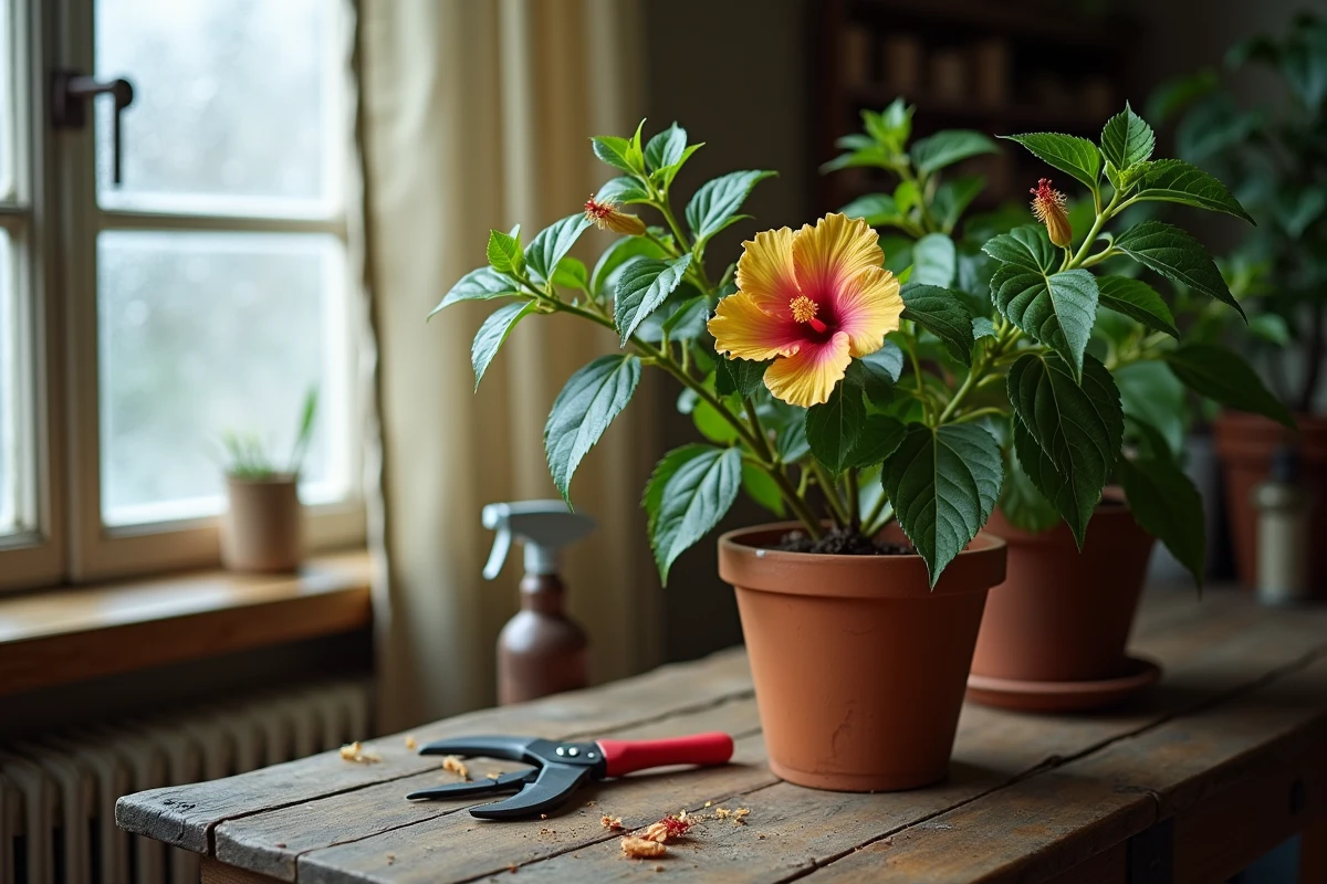 Gros plan sur les feuilles jaunissantes d'un hibiscus en hiver avec outils de taille et fenêtre givrée