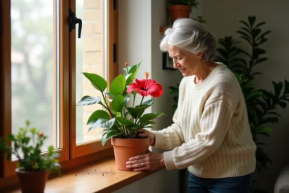 Femme rempotant un hibiscus en fleurs à l'intérieur pendant l'hiver sur un rebord de fenêtre