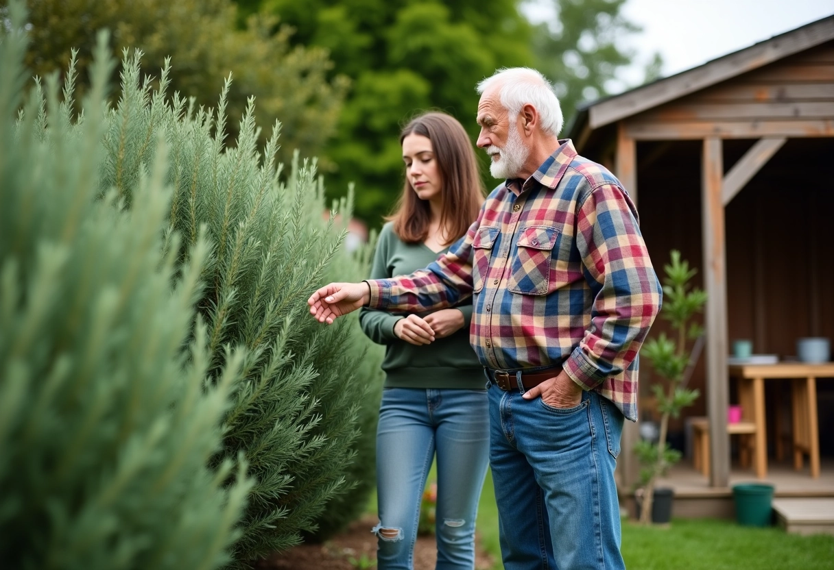 Homme âgé montre à une adolescente la taille du romarin