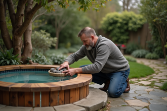 Homme ajoutant des pierres chaudes dans un spa extérieur