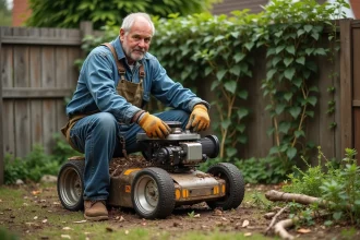 Homme en vêtements de travail ajustant un broyeur de jardin improvisé