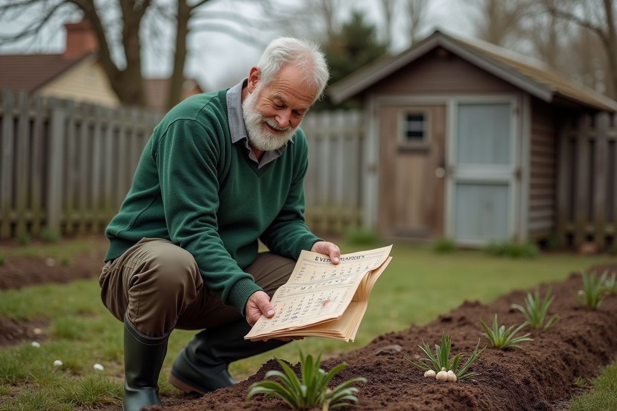 Homme vérifiant un calendrier lunaire dans le jardin