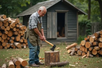 Homme d'âge moyen coupant du bois d'Albizia dans un jardin rural