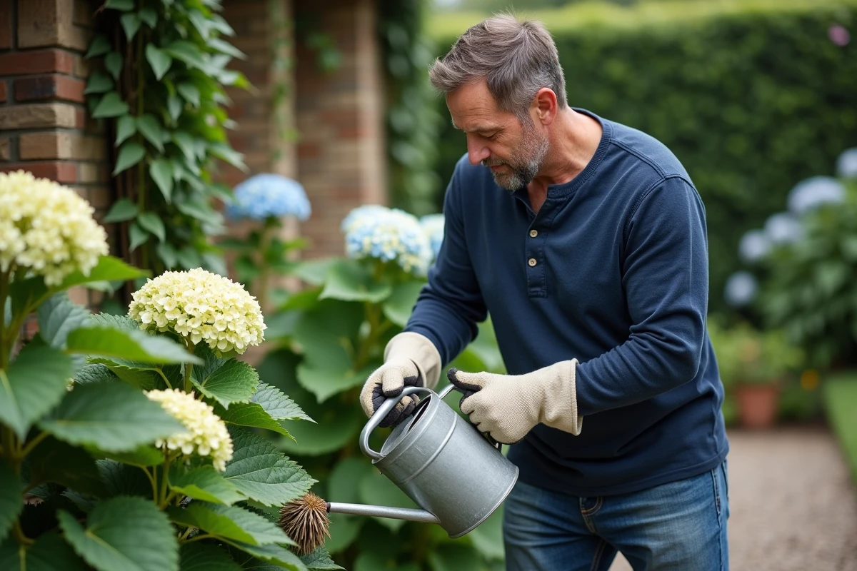 Homme appliquant un engrais liquide sur un hortensia aux feuilles qui jaunissent dans un jardin résidentiel