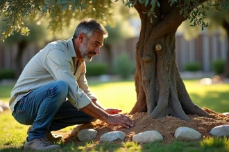Homme en jeans et chemise en lin fertilisant un olivier