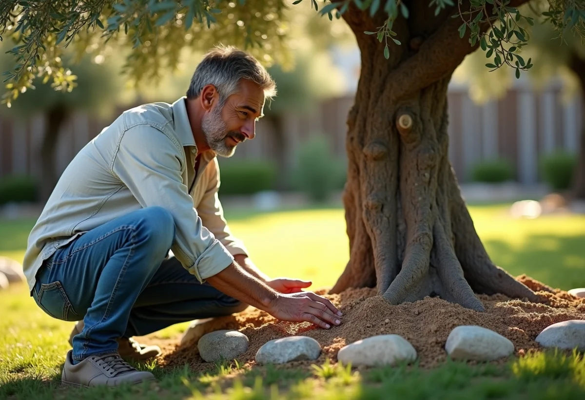 Homme en jeans et chemise en lin fertilisant un olivier