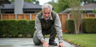 Surface idéale pour un carport sans permis de construire : astuces pratiques Homme inspectant une dalle de béton pour un carport