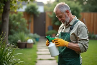 Homme d'âge moyen examinant un spray de jardin bio