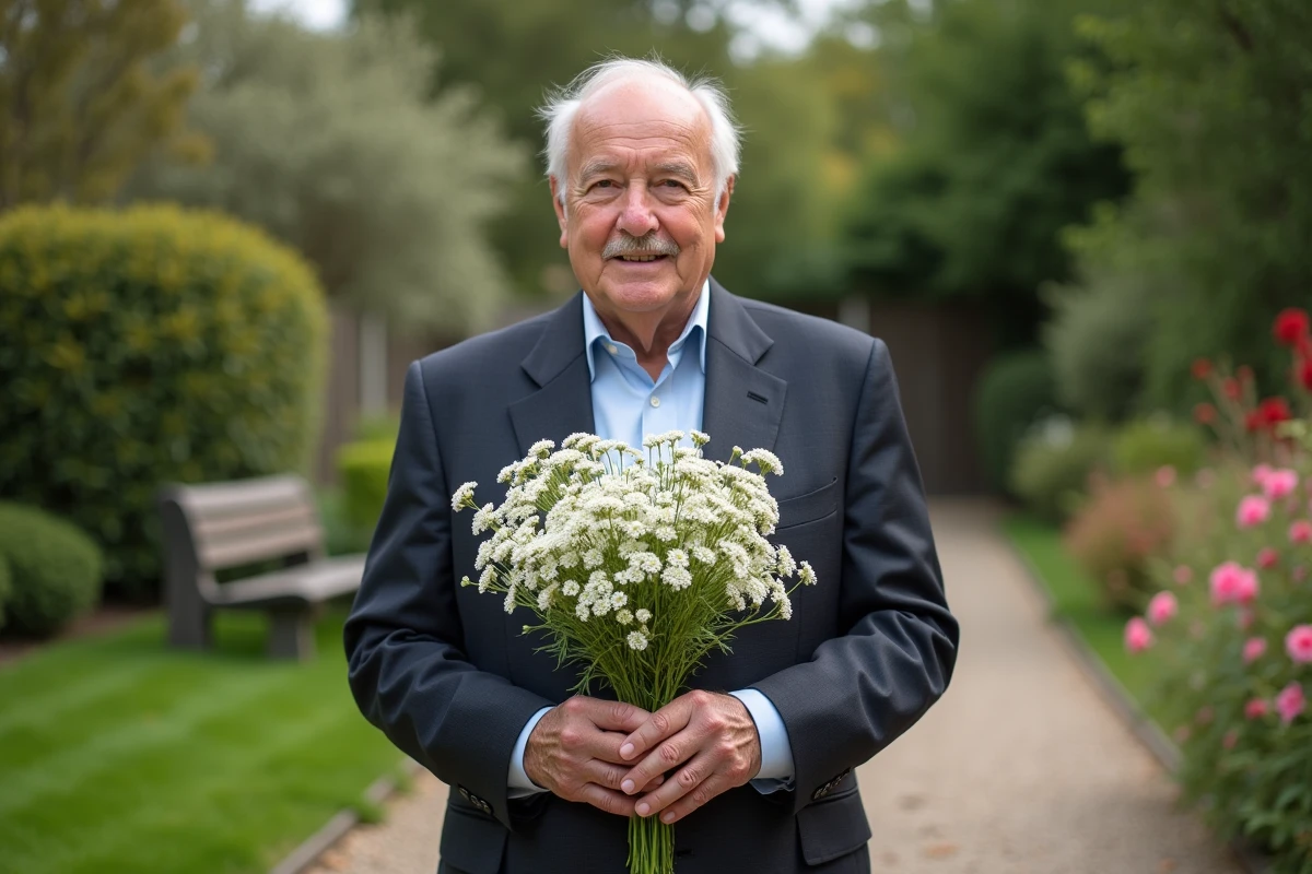 Homme âgé tenant un bouquet de fleurs sauvages dans le jardin