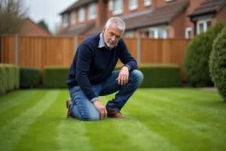 Homme d'âge moyen inspectant la pelouse anglaise