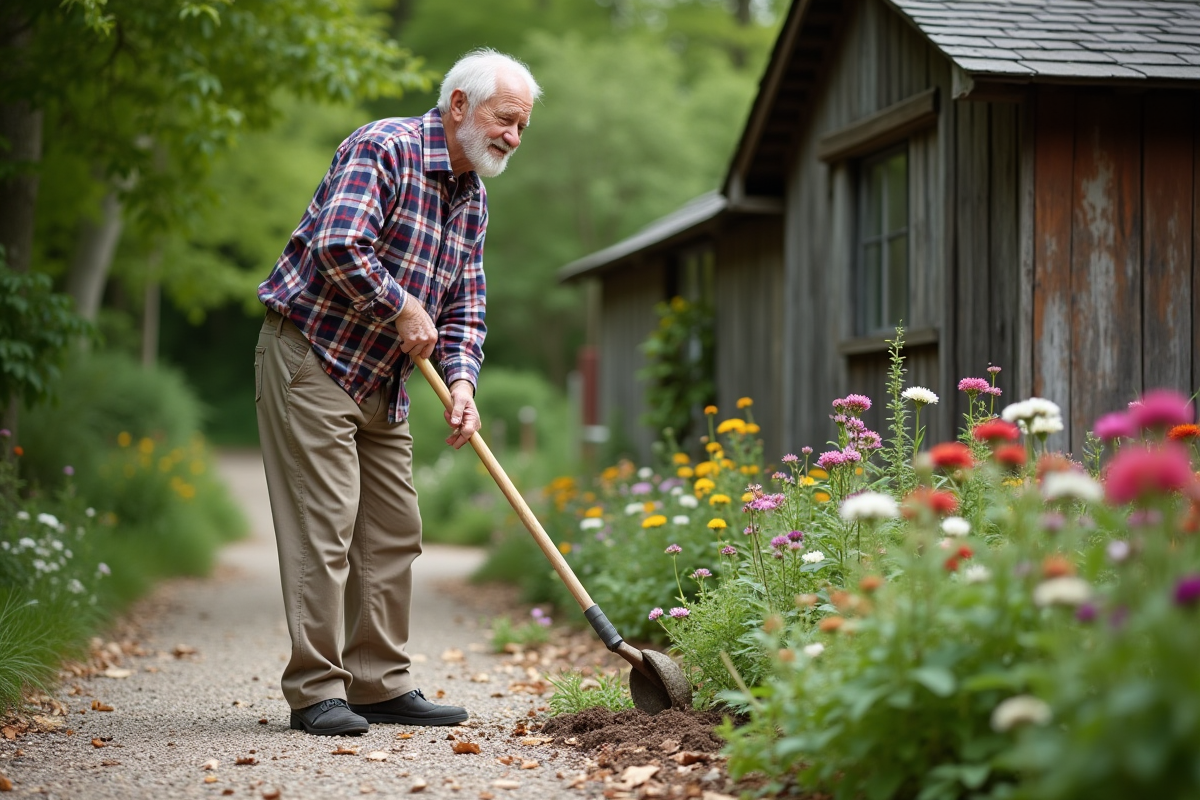Homme âgé utilisant un outil de désherbage dans le jardin