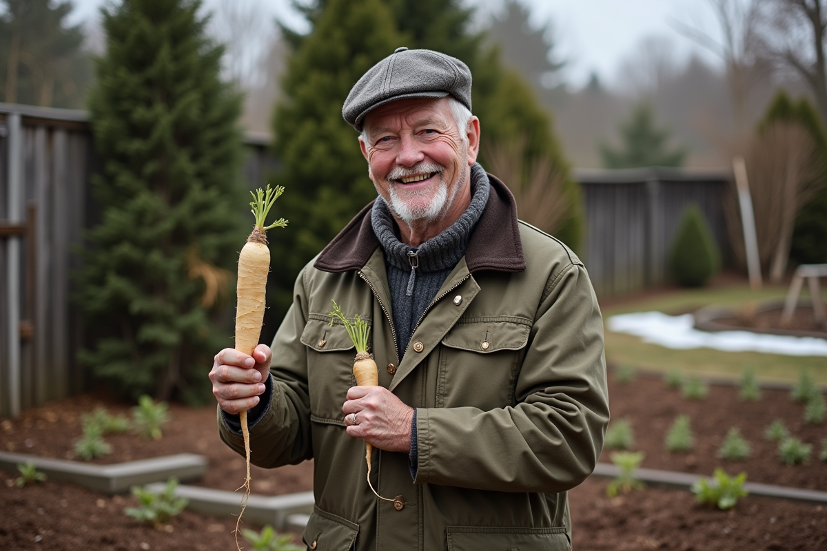 Homme âgé tenant un panais fraîchement récolté dans le jardin