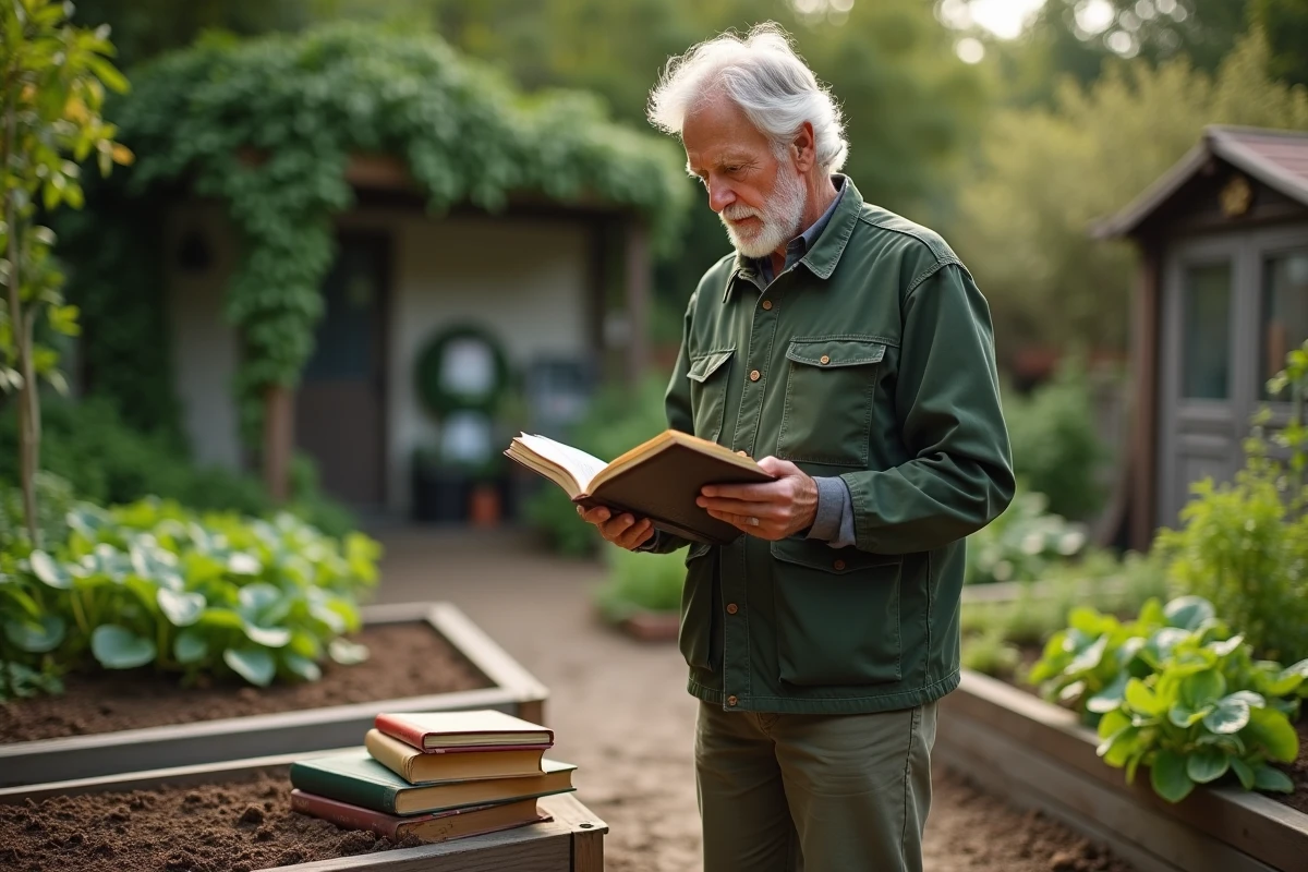 Homme lisant un livre de jardinage dans le jardin