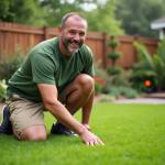 Homme souriant en tenue casual sur la pelouse Saint Augustine