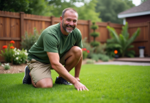 Homme souriant en tenue casual sur la pelouse Saint Augustine