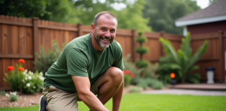 Homme souriant en tenue casual sur la pelouse Saint Augustine