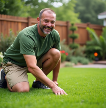 Homme souriant en tenue casual sur la pelouse Saint Augustine