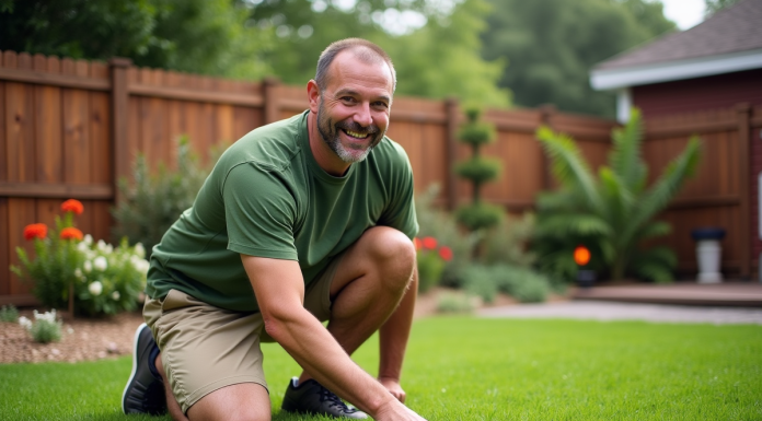 Homme souriant en tenue casual sur la pelouse Saint Augustine