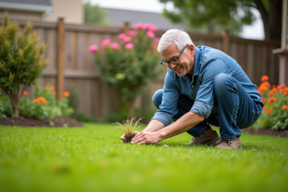 Homme d'âge moyen en vêtements de jardinage inspectant l'herbe