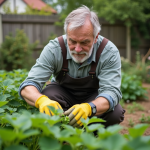 Les cinq désherbants les plus efficaces contre les orties Homme en vêtements de jardinage arrachant des orties dans un jardin