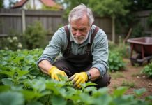 Les cinq désherbants les plus efficaces contre les orties Homme en vêtements de jardinage arrachant des orties dans un jardin