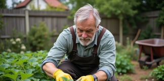 Homme en vêtements de jardinage arrachant des orties dans un jardin