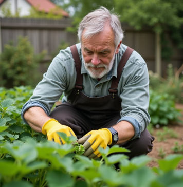 Les cinq désherbants les plus efficaces contre les orties Homme en vêtements de jardinage arrachant des orties dans un jardin