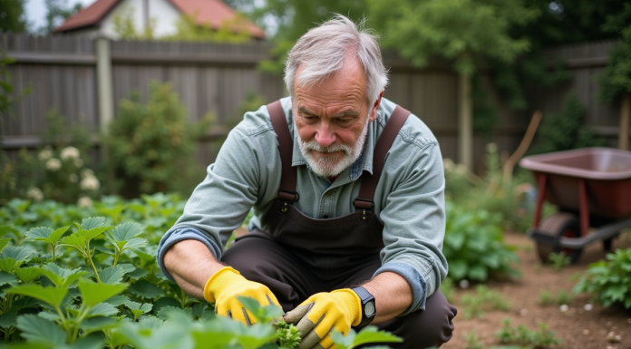 Les cinq désherbants les plus efficaces contre les orties Homme en vêtements de jardinage arrachant des orties dans un jardin