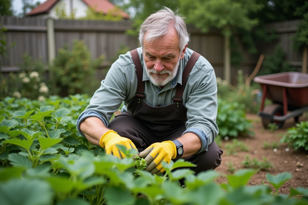 Homme en vêtements de jardinage arrachant des orties dans un jardin